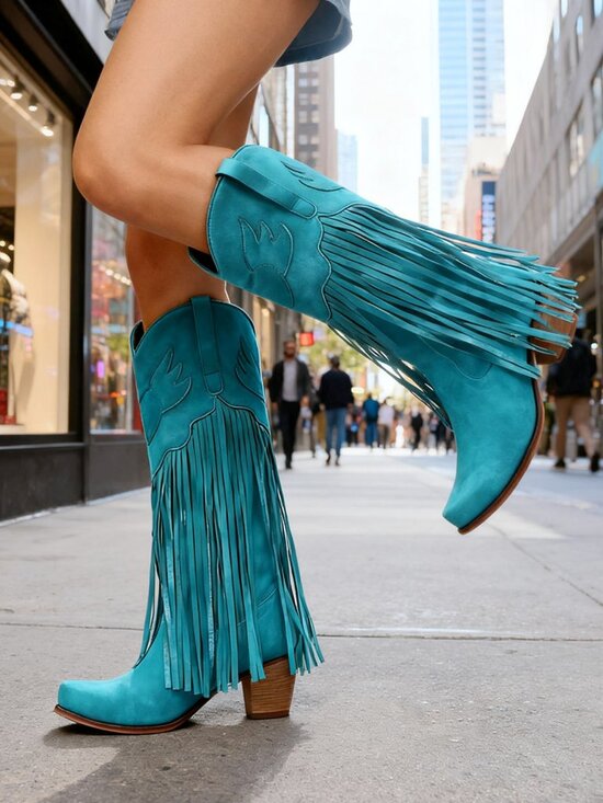 Blue Turquoise  Western Women's Cowboy Mid Calf Fringe Pull On Boots - Picture 1 of 7